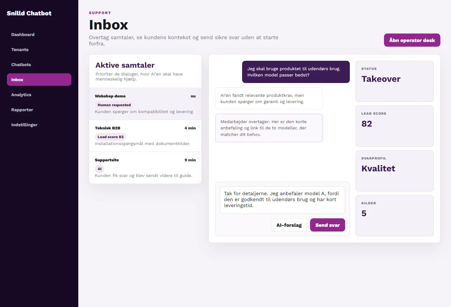 Snilld Chatbot admin inbox med takeover og samtalekontekst