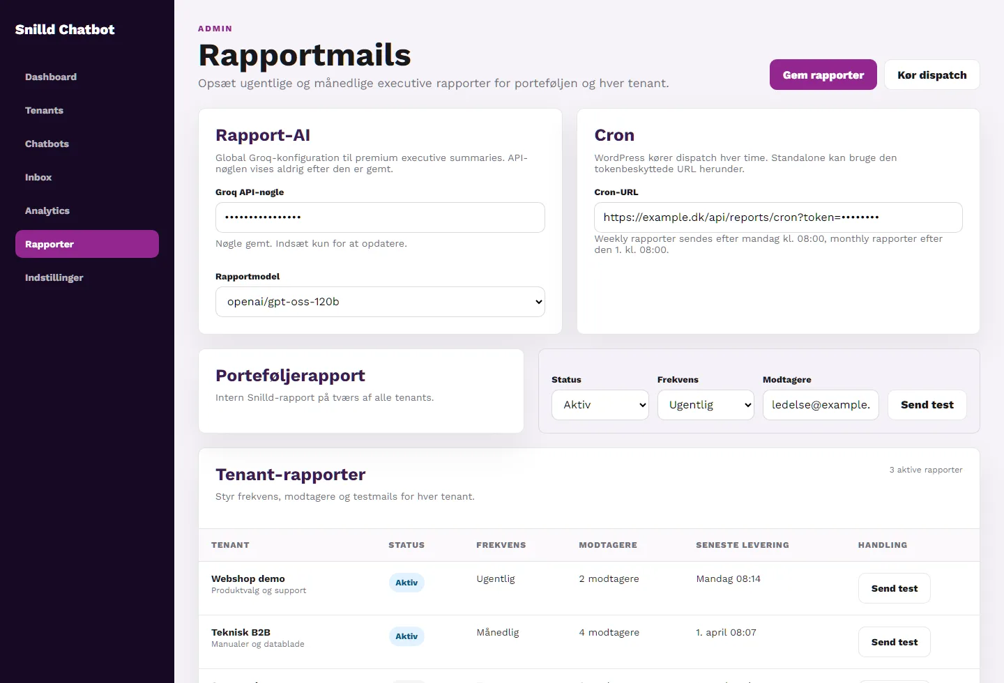 Snilld Chatbot administration med rapportmails og tenant-rapporter
