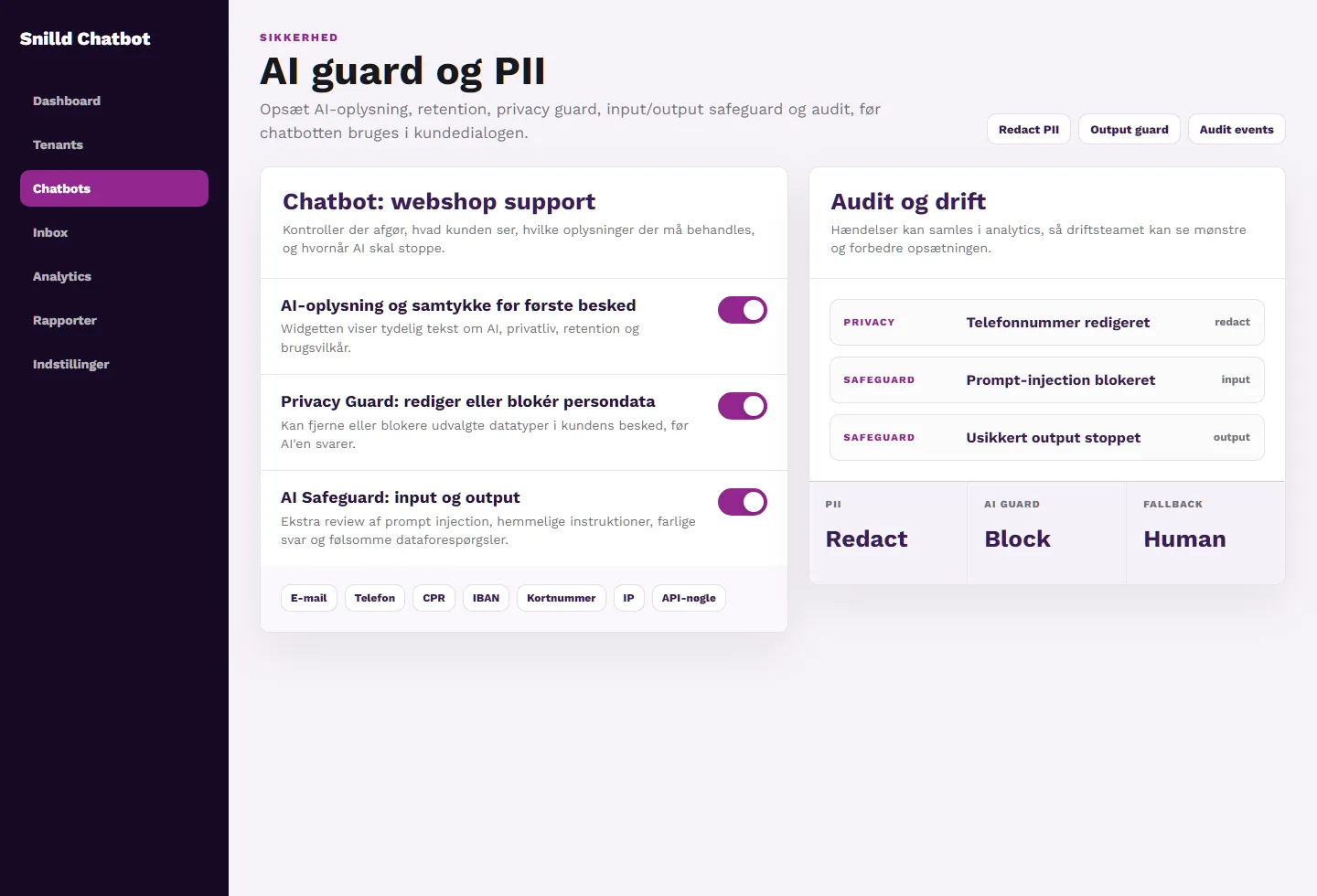 Snilld Chatbot admin-preview med privacy guard, AI safeguard og audit events