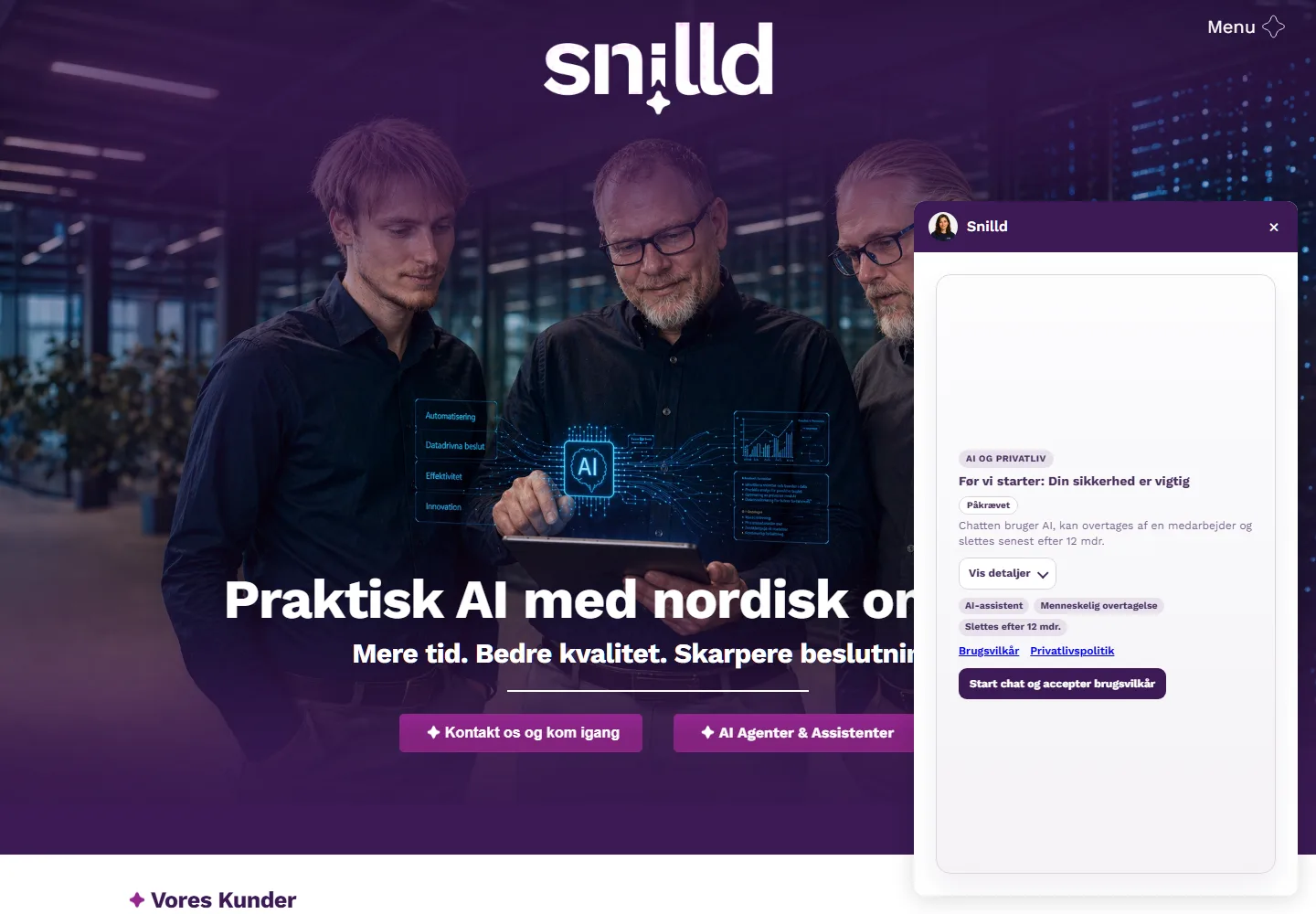 Snilld.dk med Snilld Chatbot åbnet på websitet