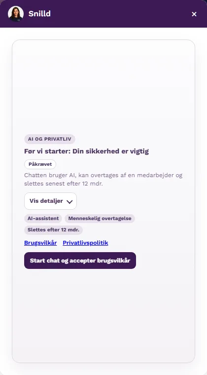 Snilld Chatbot med AI- og privatlivsoplysning før chatstart på snilld.dk
