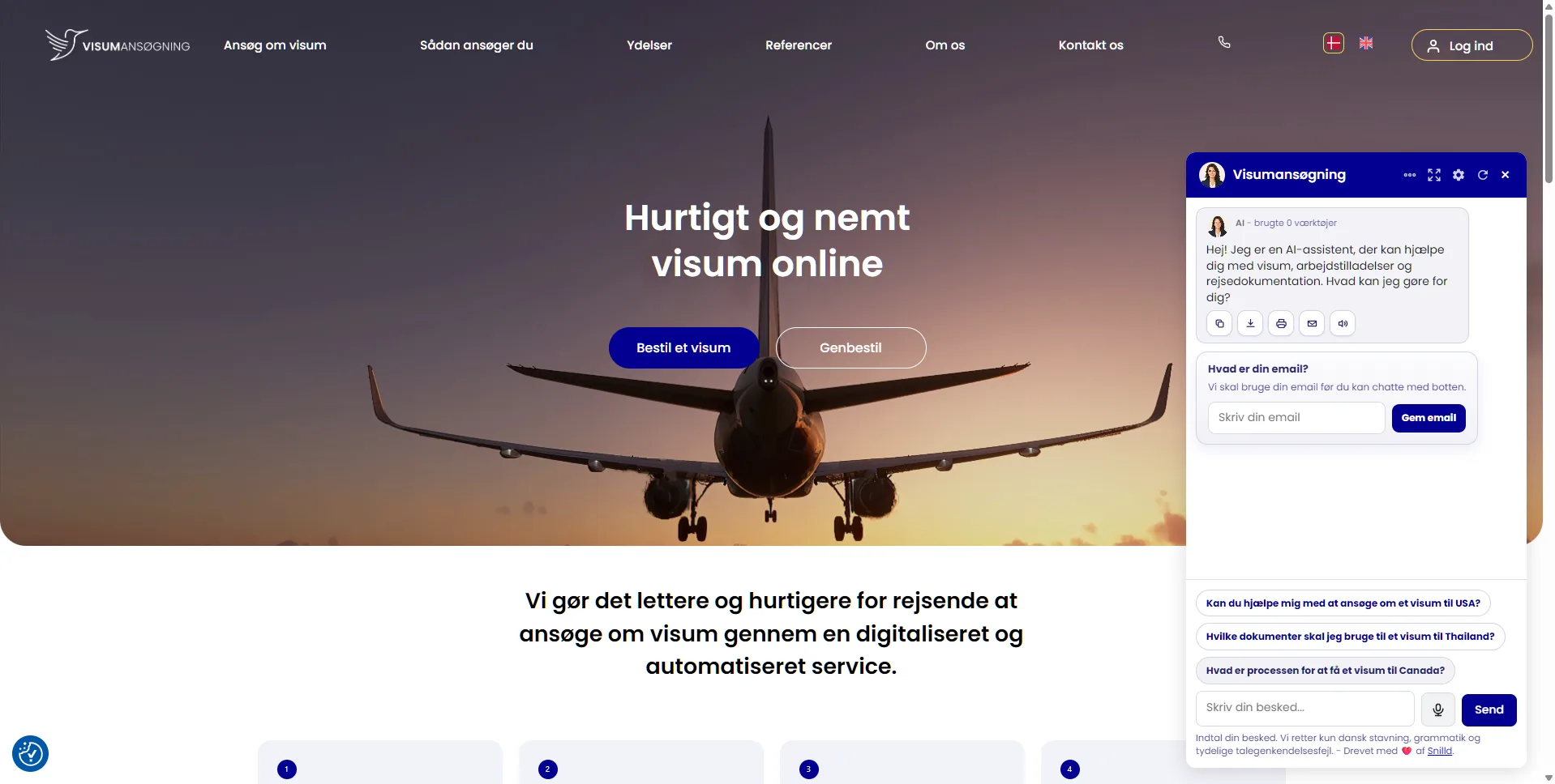 Visumansøgning.dk med Snilld Chatbot åbnet på forsiden